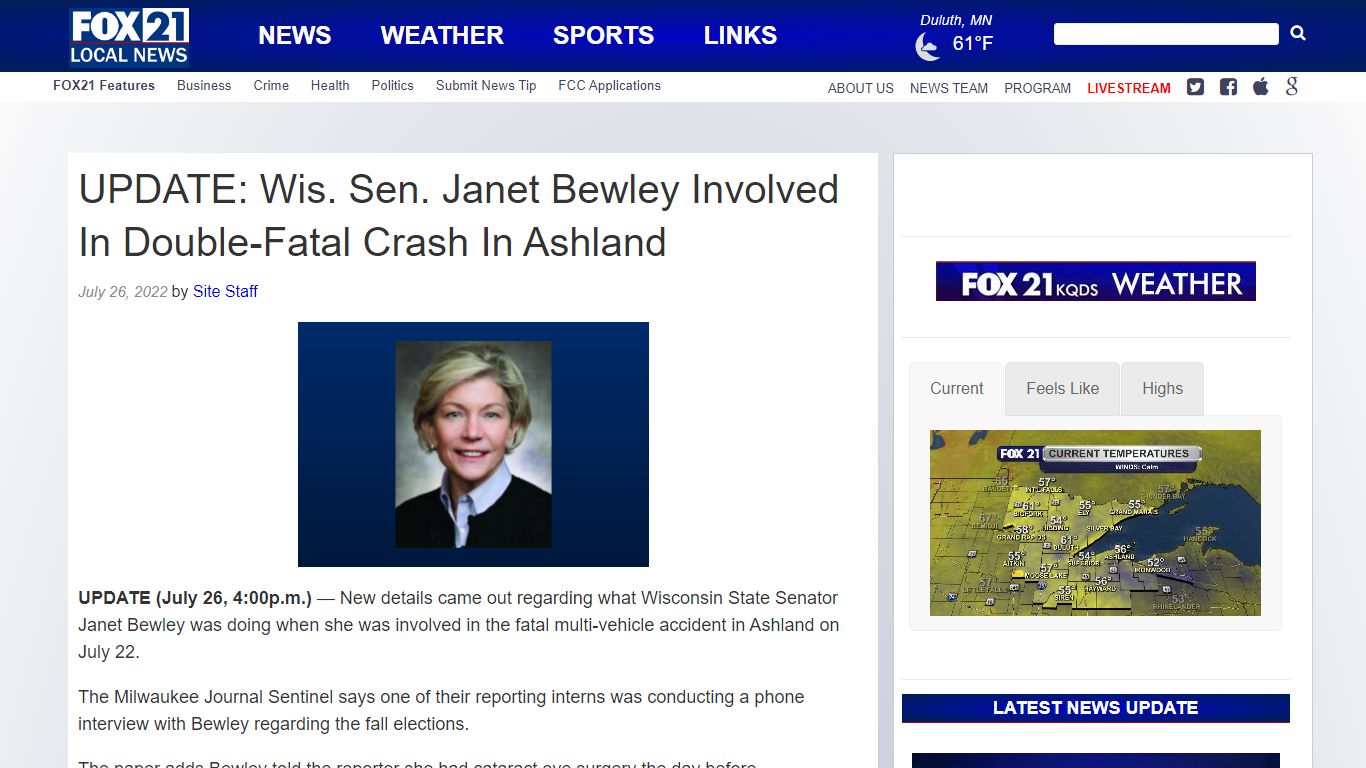 UPDATE: Wis. Sen. Janet Bewley Involved In Double-Fatal Crash In Ashland