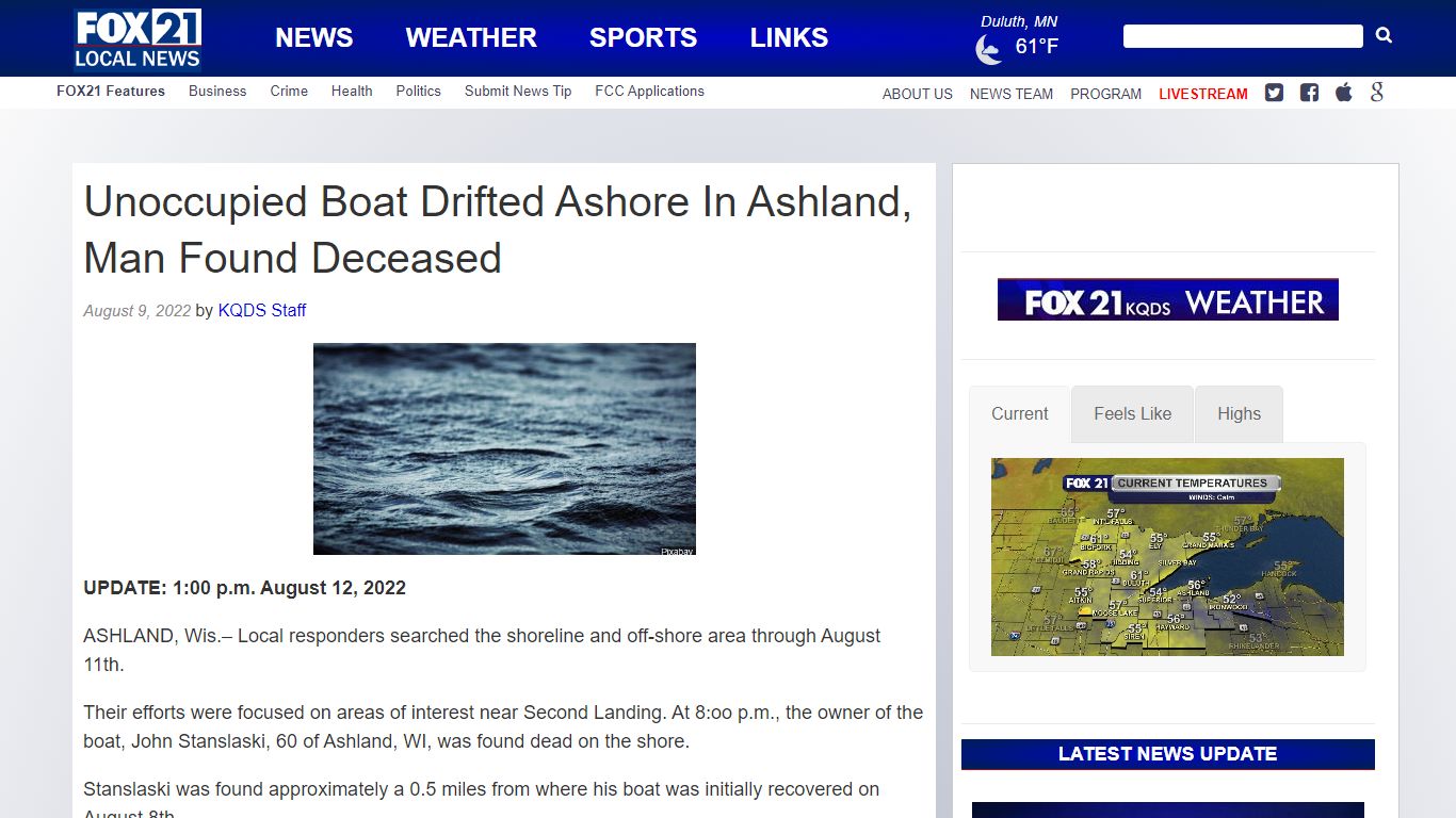 Unoccupied Boat Drifted Ashore In Ashland, Man Missing